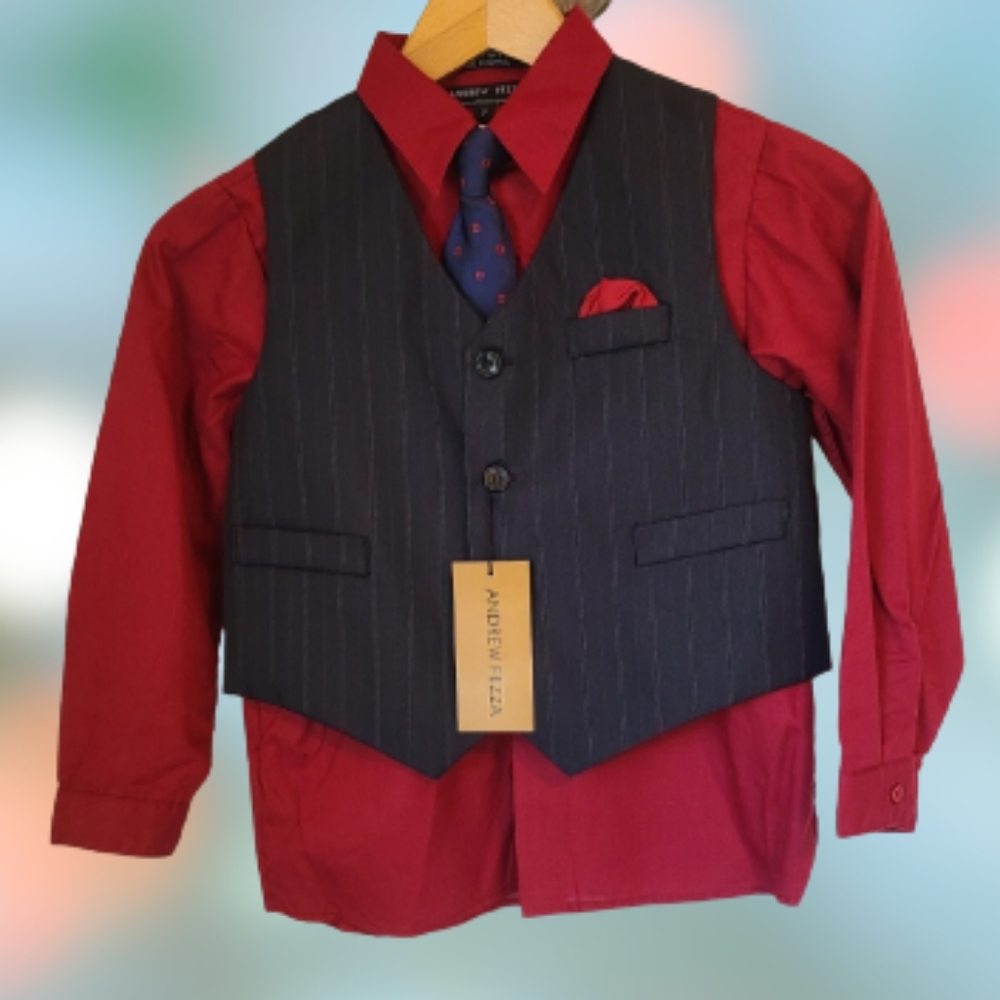(1606) Andrew Fezza Boy's 3 piece set: Button Down Shirt, Vest, and Tie Size: 7